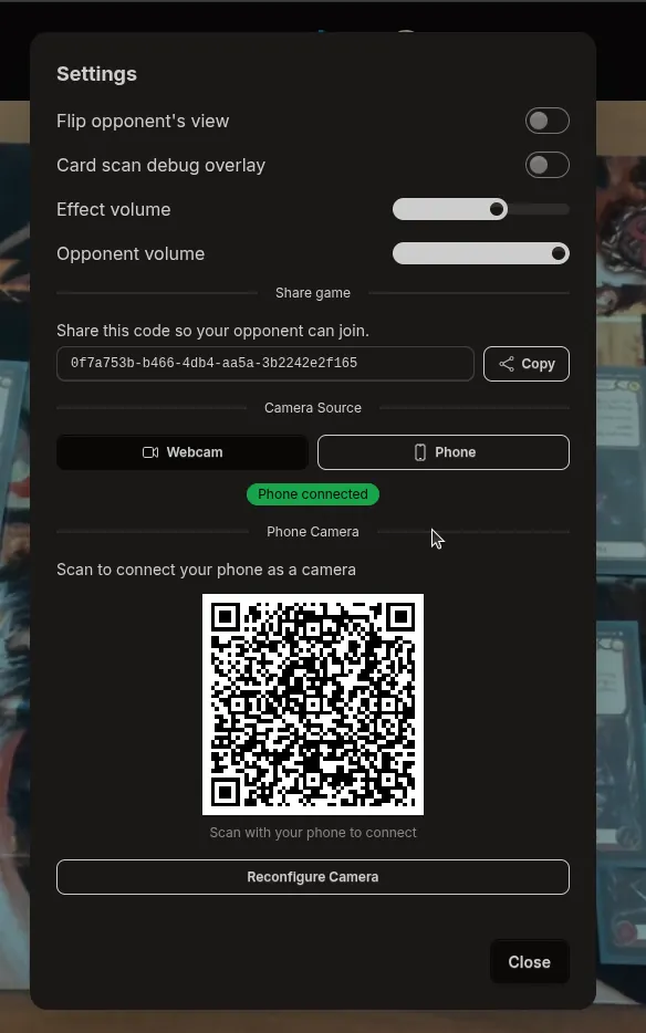 Settings dialog with the phone camera QR code and Phone connected badge