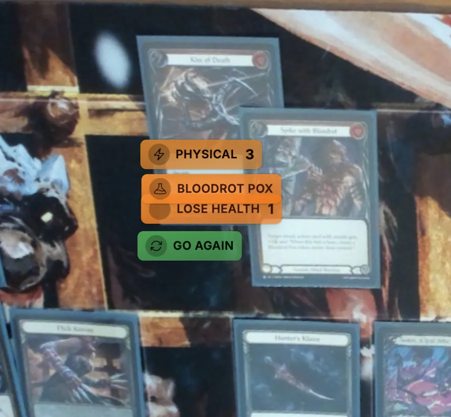 Physical, Bloodrot Pox, Lose Health and Go Again tiles stacked over the playmat