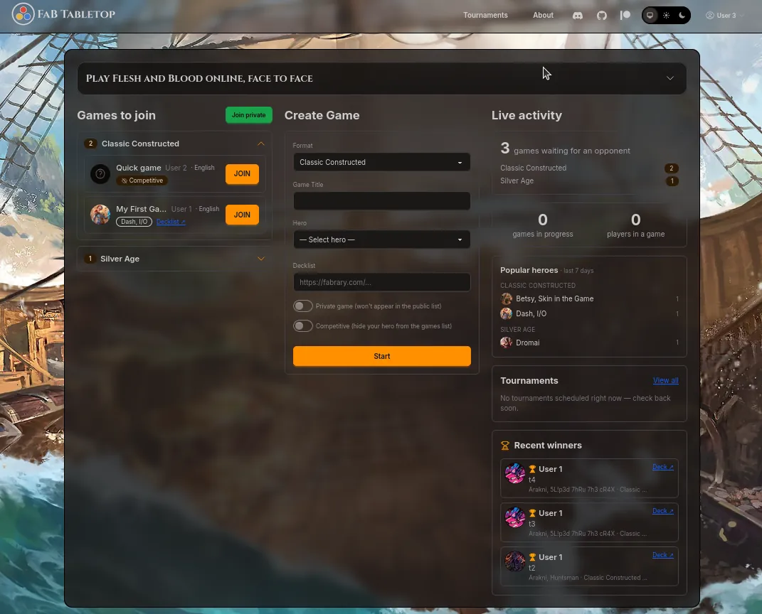 The lobby with Games to join, Create Game and Live activity columns
