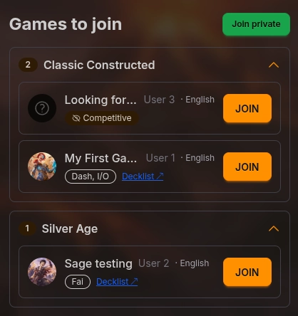 Expanded list of public Classic Constructed games with a Join button