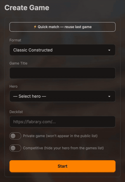 Filling out and submitting the create-game form