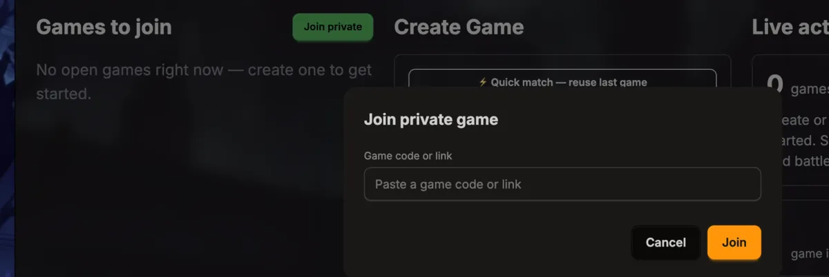 Join private game modal with the game code field