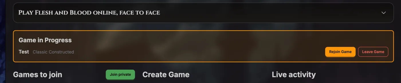 Game in Progress panel with Rejoin Game and Leave Game buttons