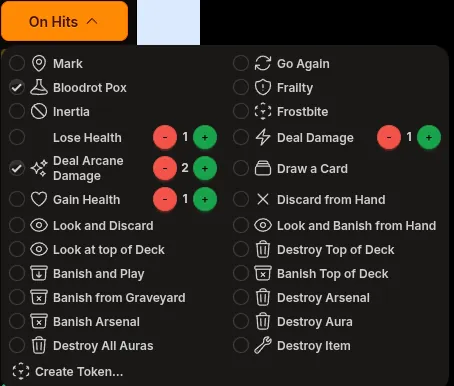 On Hits dropdown with effects ticked and counters set