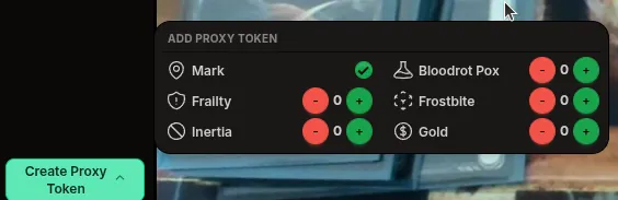 Create Proxy Token dropdown with a Me/Opponent target selector above the token list
