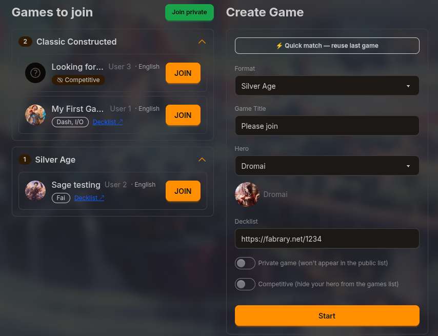 Join or create a game to play